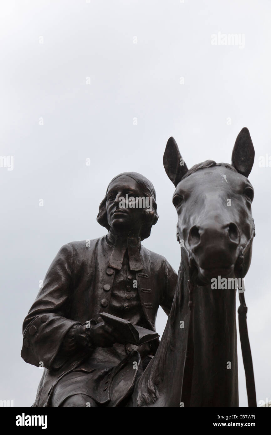 Statue of John Wesley on a horse in the courtyard of his first chapel ...