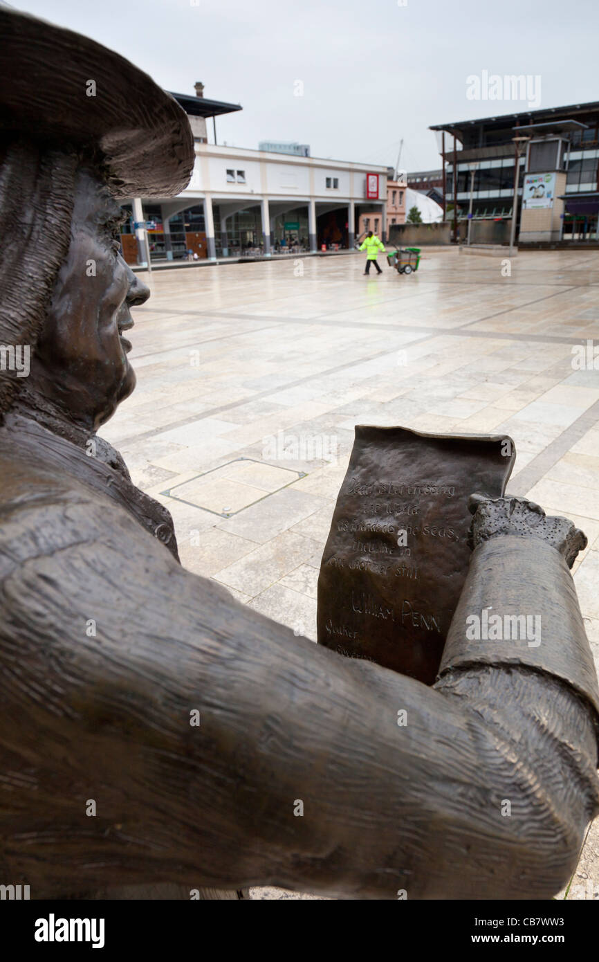 Close-up of the statue of William Penn, founder of the state of Pennsylvania, in Millennium Square, Bristol, England. Stock Photo