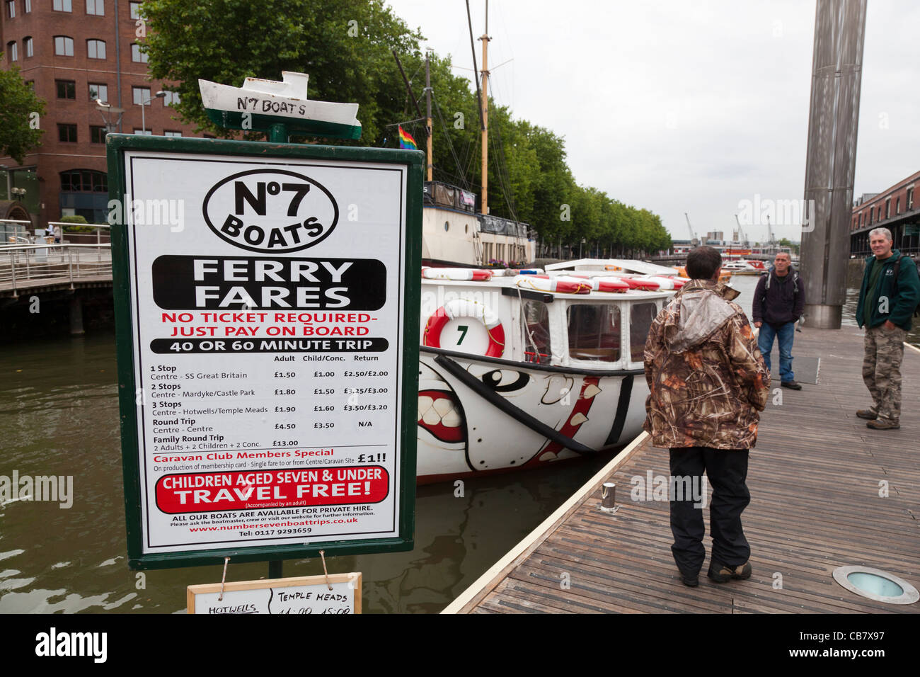 Men wait on the jetty alongside a boat with a bulldog face painted on the front, Bristol. Stock Photo