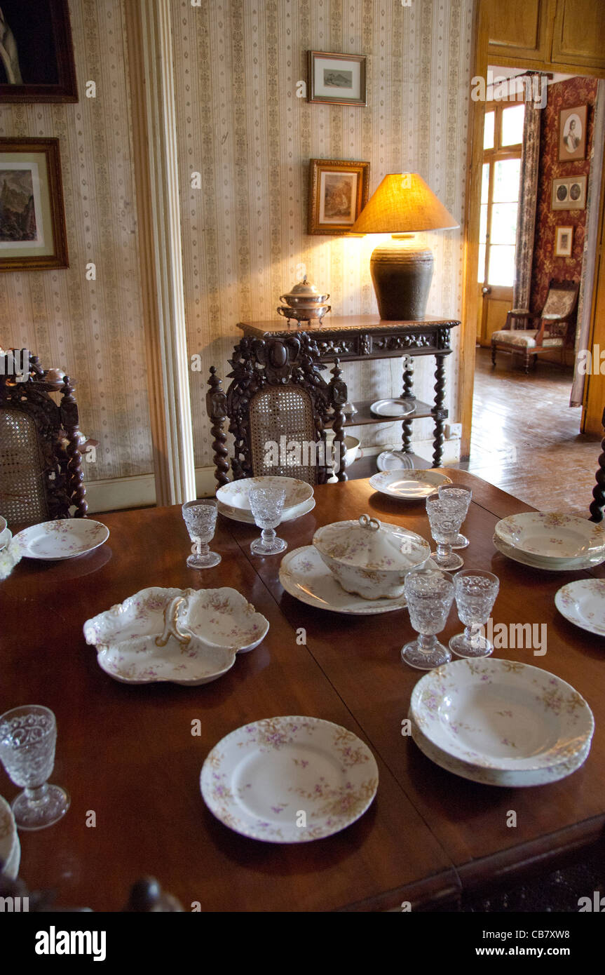 Island of Mauritius. Eureka House, fine restored colonial home built in 1834. Interior dining room with vintage furniture. Stock Photo