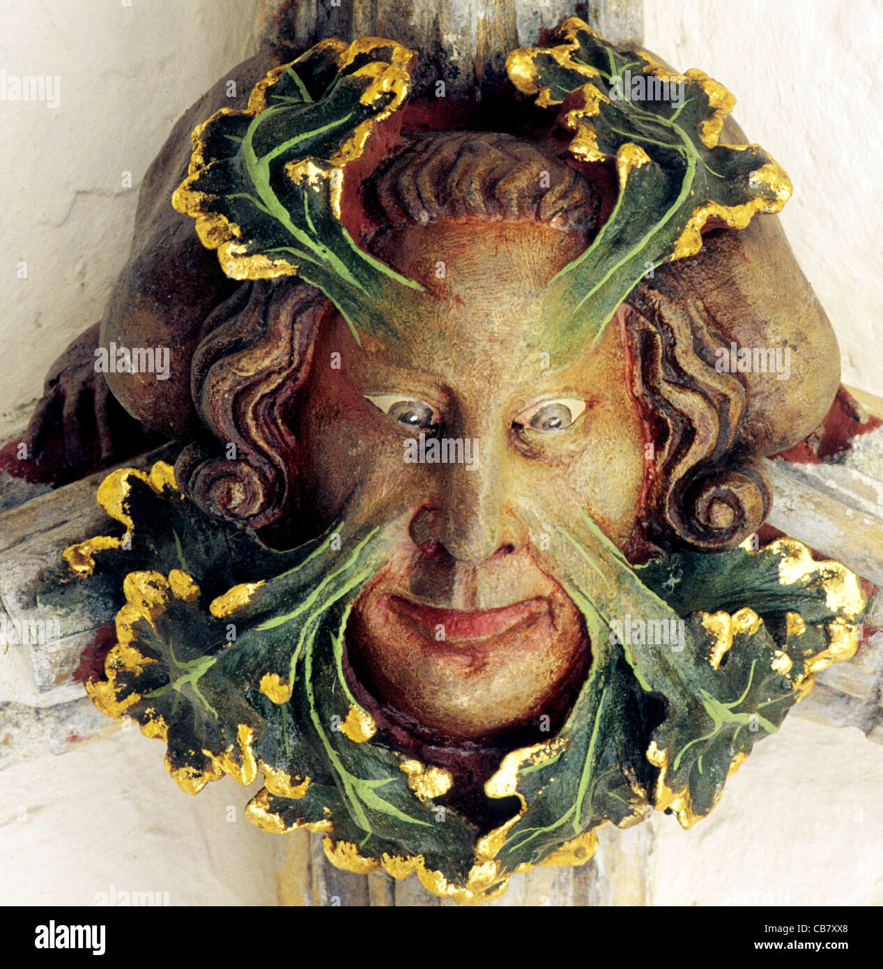 Green Man, Norwich Cathedral Cloisters Roof Boss bosses England UK English cathedrals interior interiors medieval carving Stock Photo