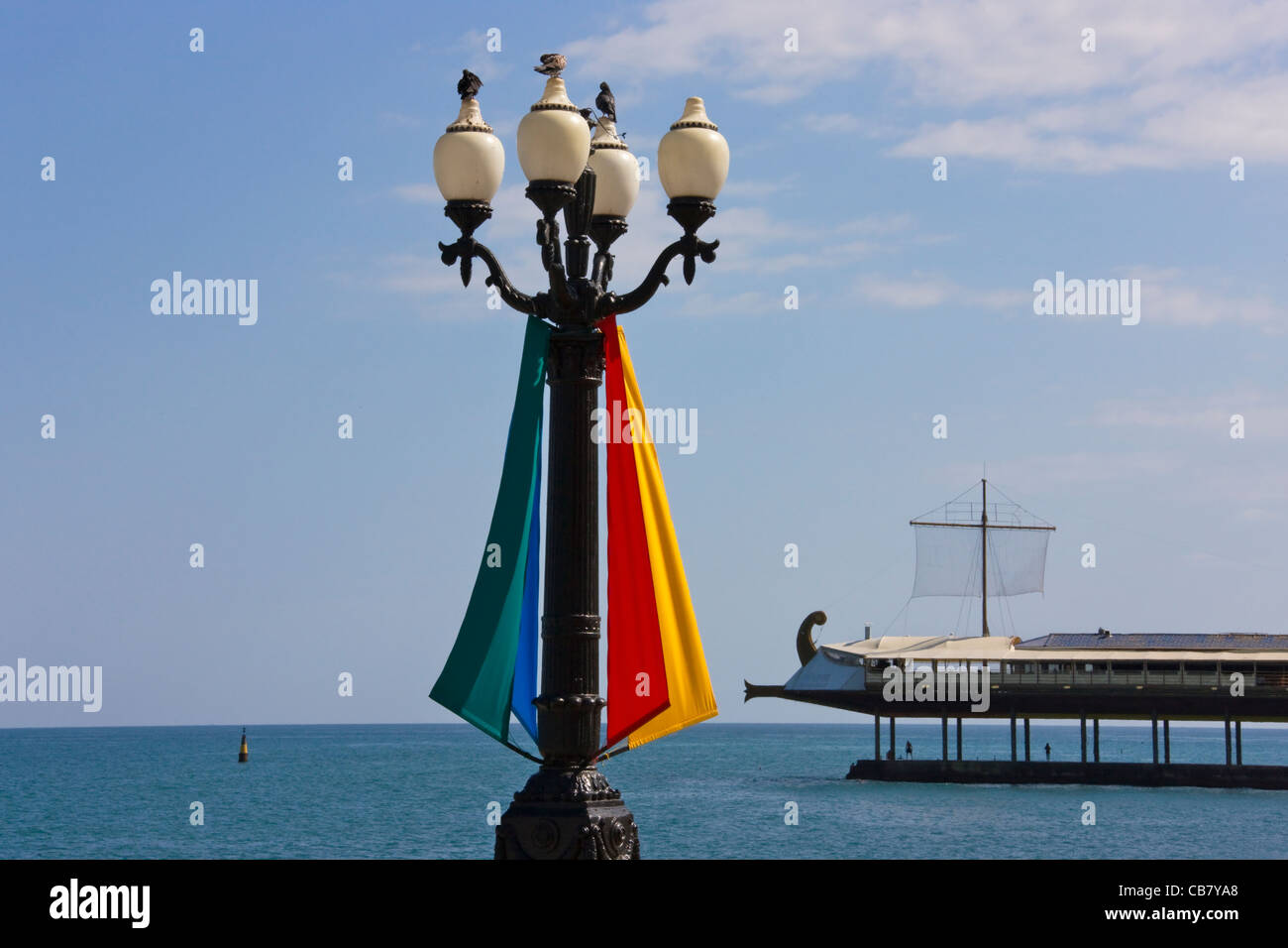 Boat restaurant on the beach along the Black Sea, Yalta, Crimea, Ukraine Stock Photo