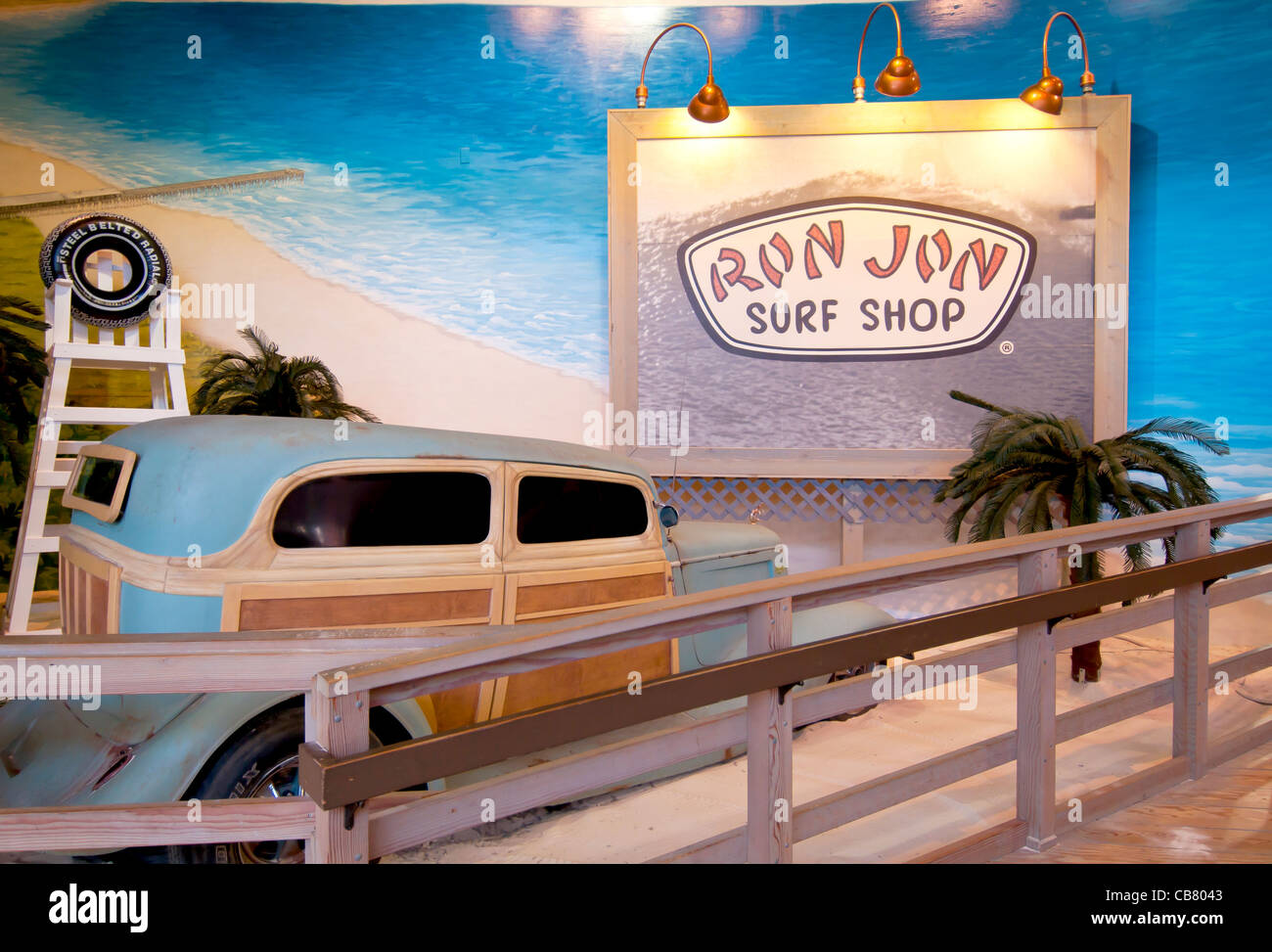 Ron Jon Surf Shop interior with old woodie station wagon at Festival Bay Mall on International Drive, Orlando Florida Stock Photo