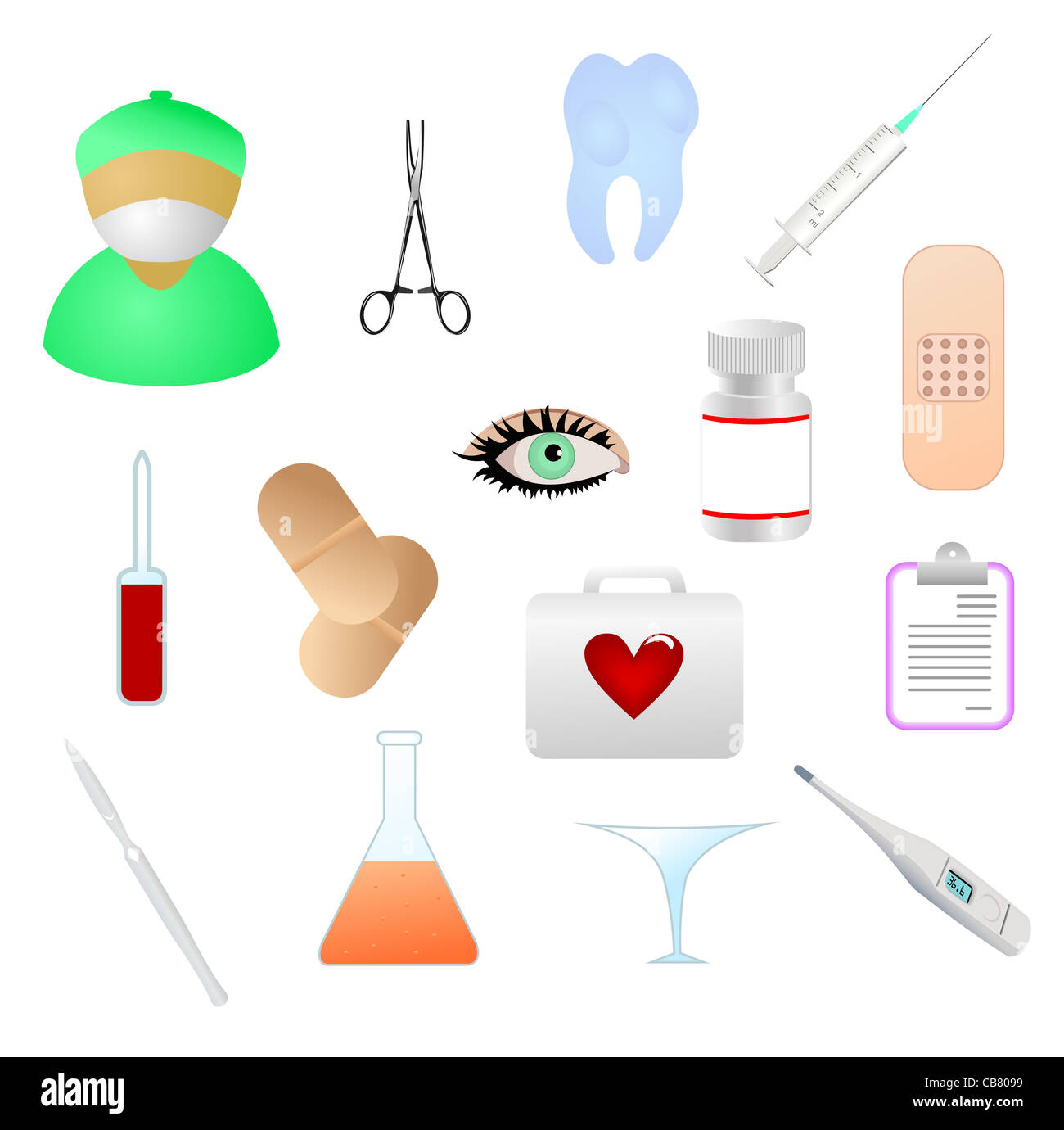 Collection of medical equipment icons (flask; forceps; gloves; capsule ...