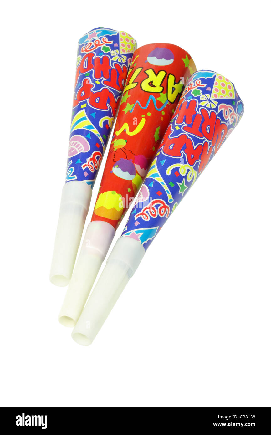 Three colorful party horns on white background Stock Photo Alamy