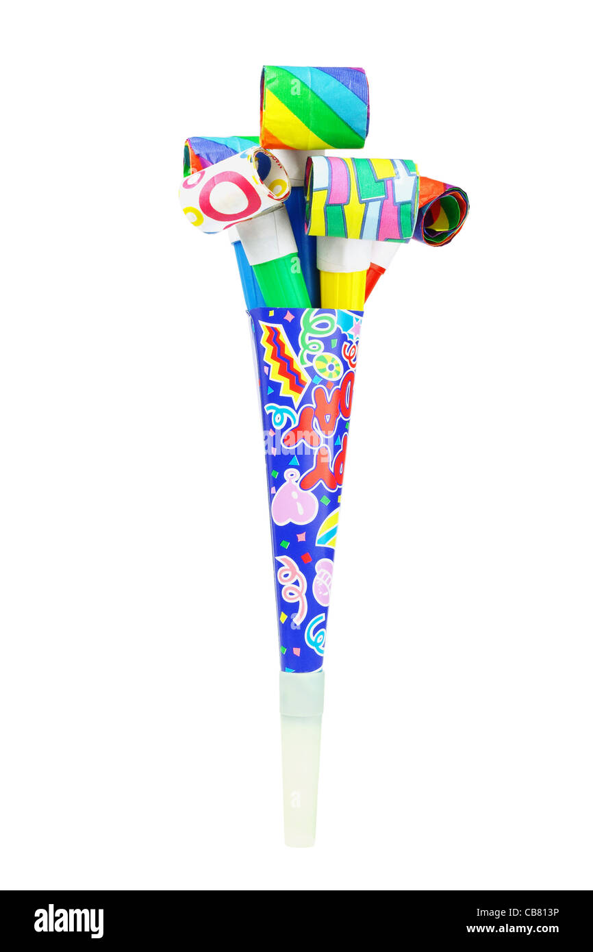Multicolor party blowers inside paper horn on white background Stock Photo
