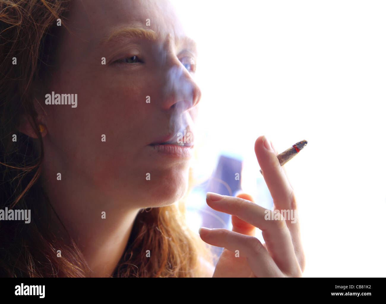 female smoker woman with cigarette beathing smoke Stock Photo