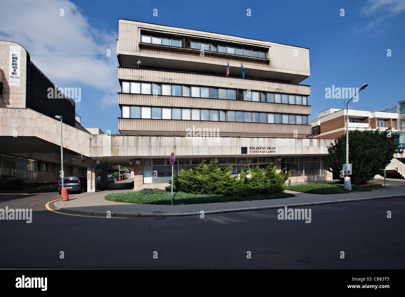 Building of Regional Authority of Ustecky Region in Usti nad Labem. The building which used to be seat of the Regional Council of the socialist Communist party, is an example of communist architecture. The building was designed by architect Mita Hejduk an Stock Photo