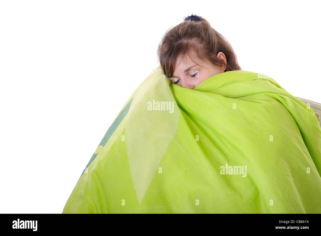 young woman sleeping under a bedspread Stock Photo Alamy