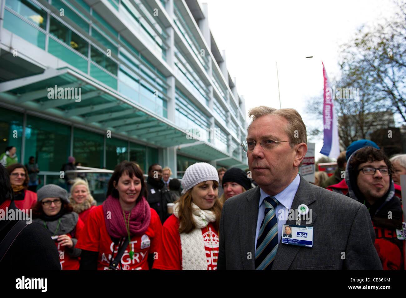 Sir Robert Naylor, Chief Executive of University College London Hospital, outside UCH at Euston on day of Public Sector Strike. Stock Photo