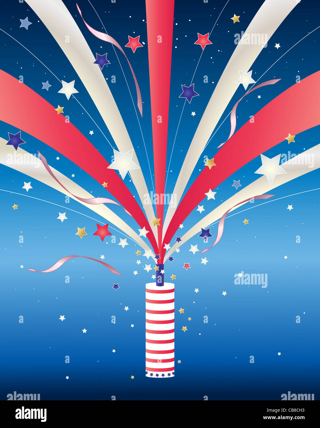 an illustration of a firework with stars stripes and streamers in front
