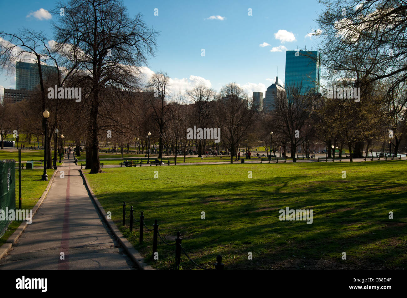 Freedom trail in Boston Common Park in spring and Boston skyline Stock Photo