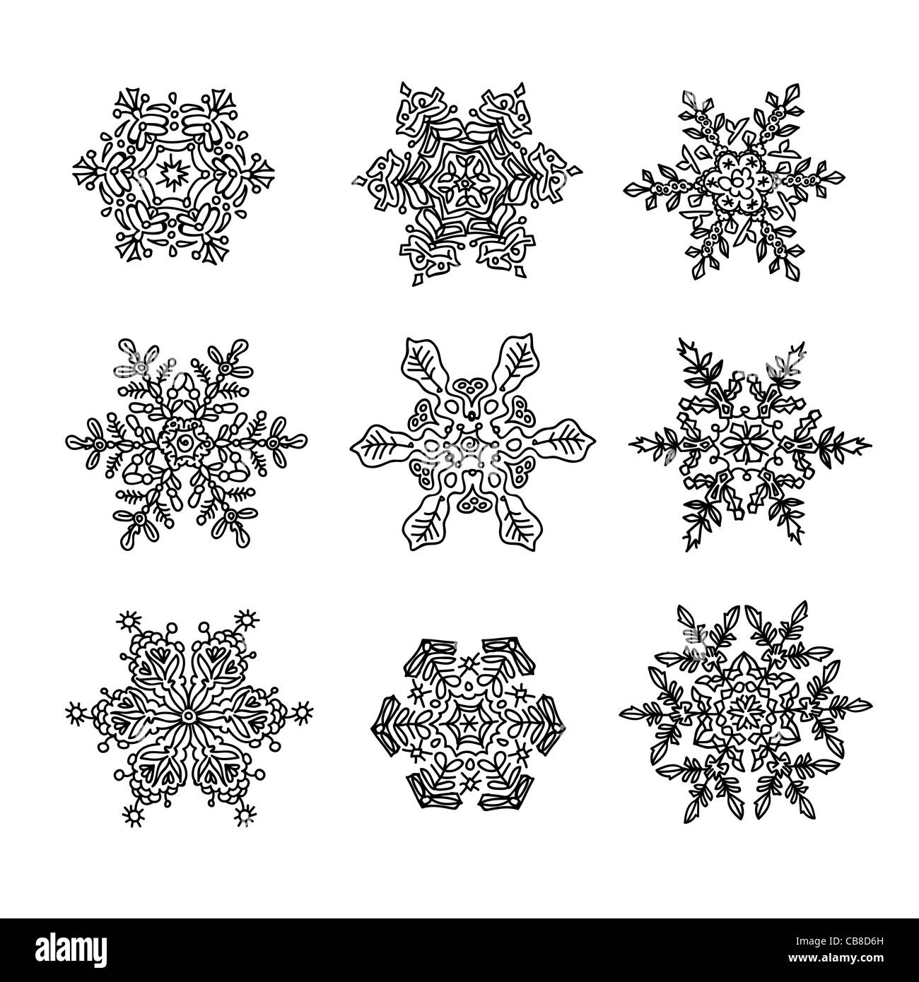 Macro-structure of real snowflakes, transformed and drawn as ornamental ...