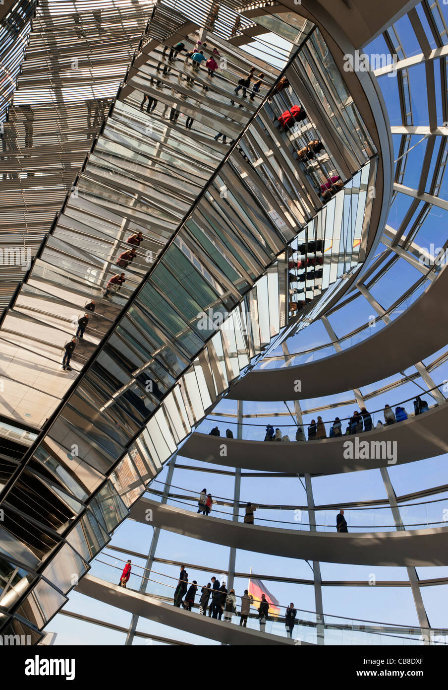 View of the glass dome above debating chamber at the Reichstag in Berlin Germany; Architect Norman Foster Stock Photo