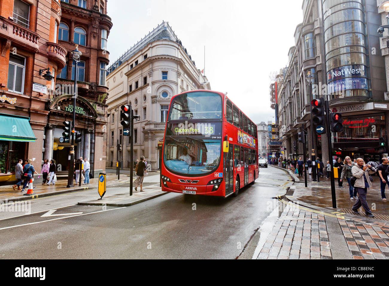 A double decker bus traveling on Shaftesbury Avenue, London, England. Stock Photo