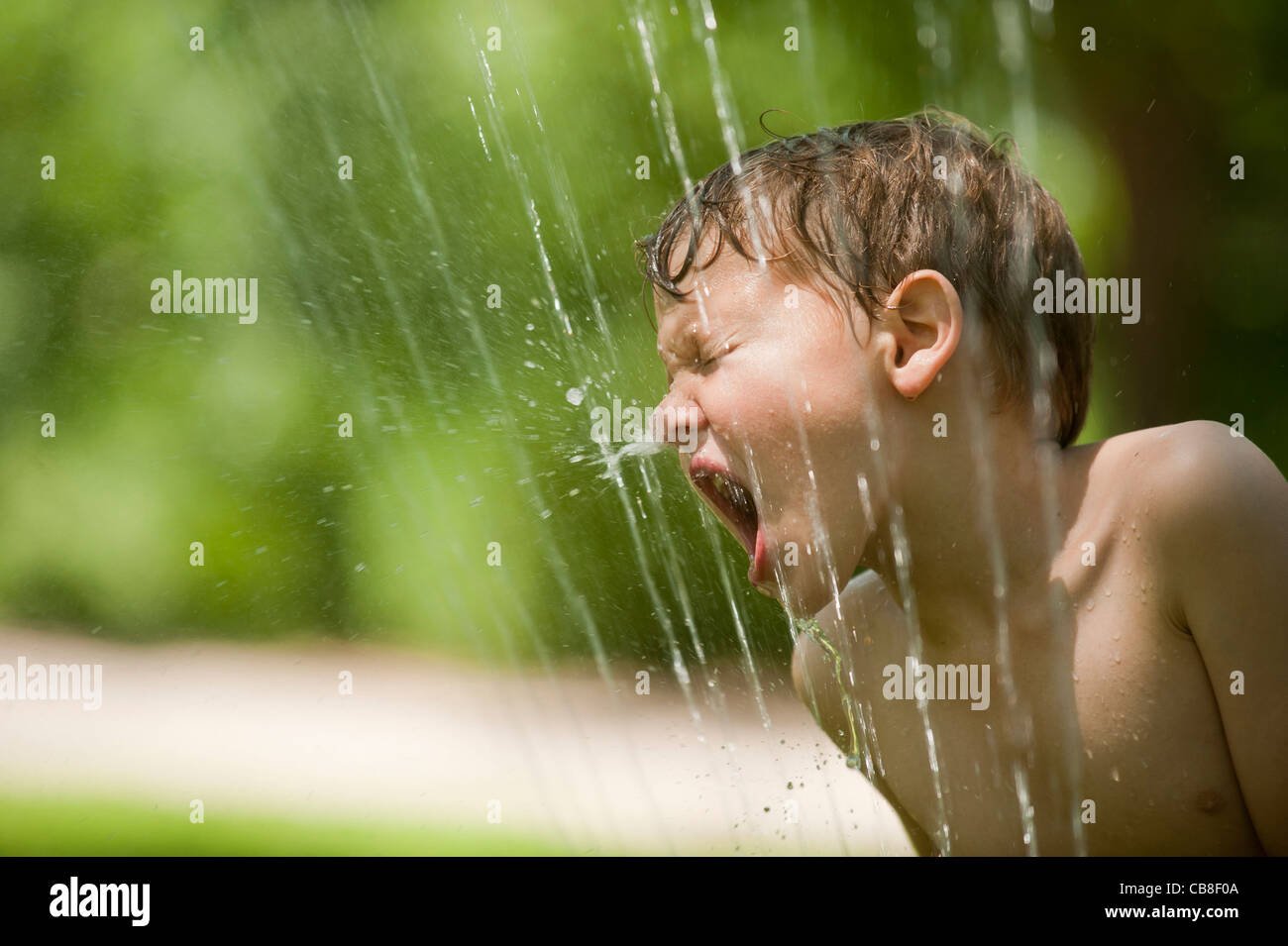A boy tries to take a drink from a water sprinkler. Stock Photo