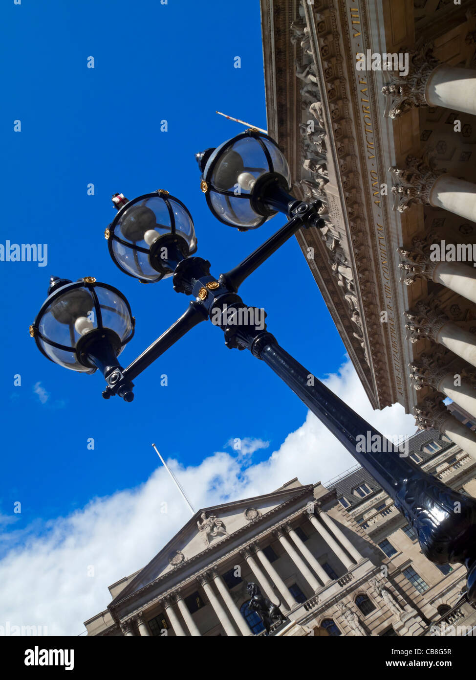 The Bank of England and The Royal Exchange building on the right at Cornhill in the City of London financial district England UK Stock Photo