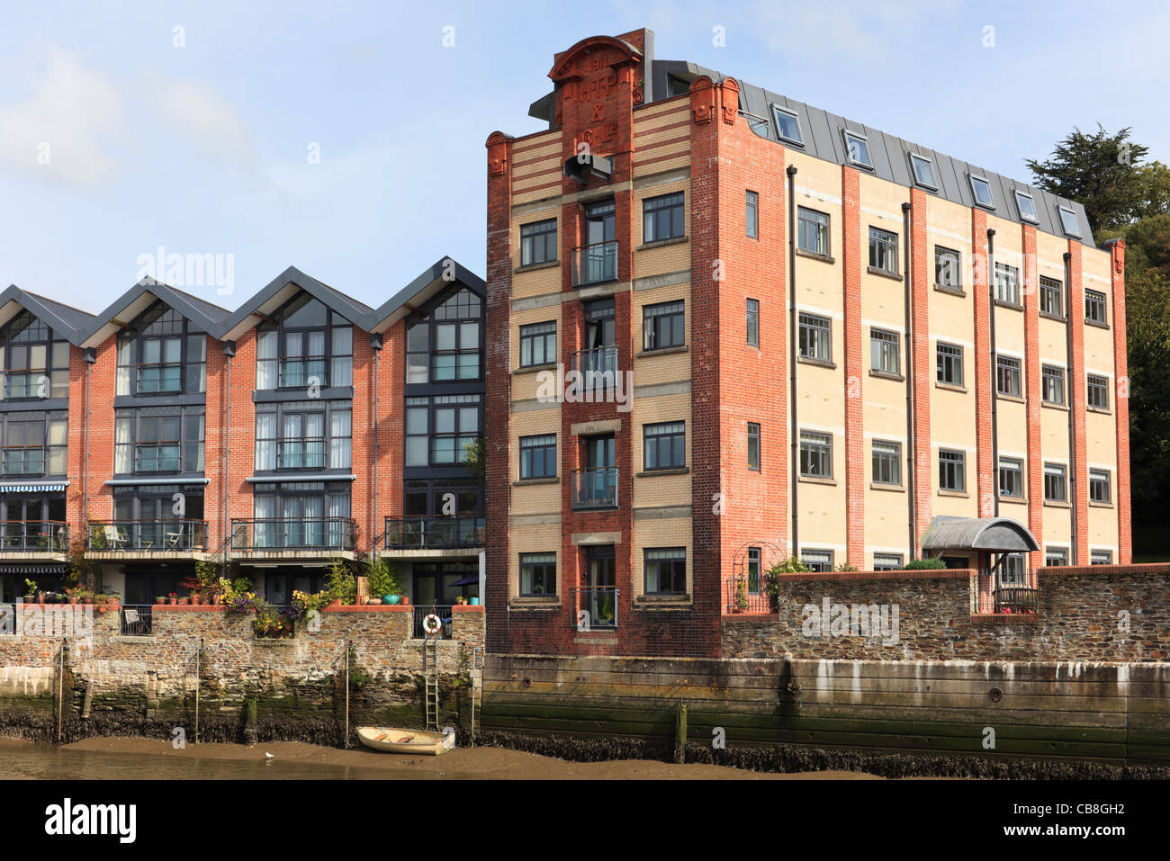 Old warehouse building converted into modern riverside residential apartments in Truro, Cornwall, England, UK, Great Britain. Stock Photo