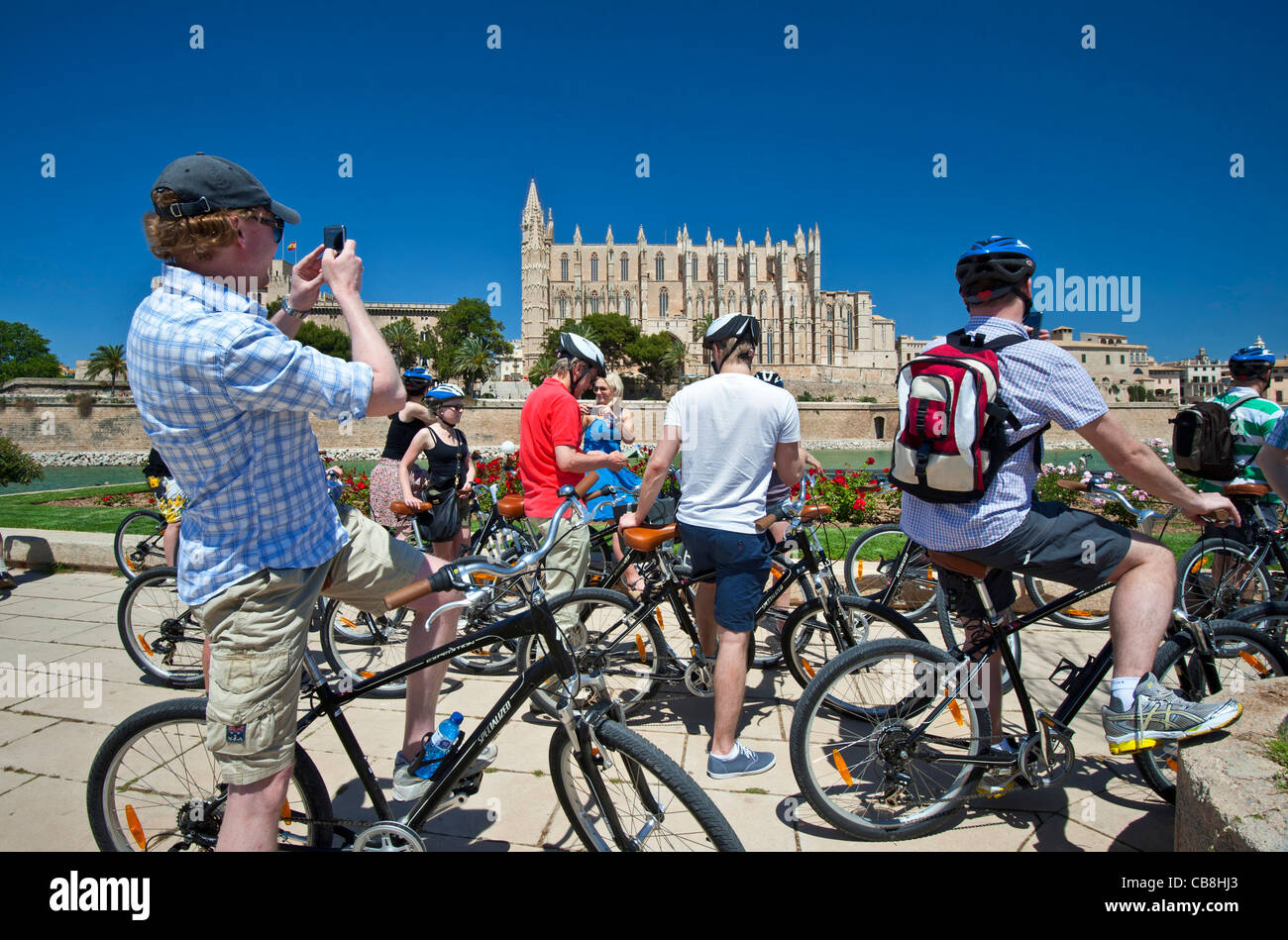 PALMA MALLORCA Tour group of cyclists stop to view Palma Cathedral in Parc de la Mar Palma historic center Mallorca Spain Stock Photo