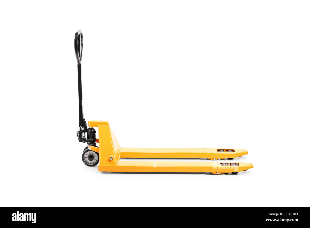 A studio shot of an empty fork pallet truck stacker Stock Photo