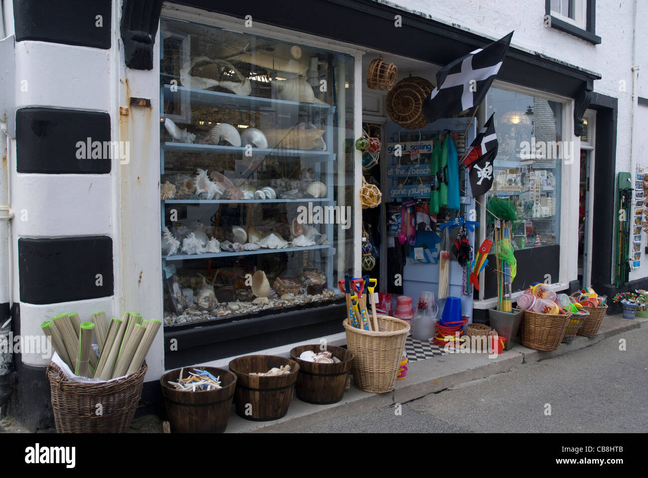 Seaside gift shop with shells, buckets and spades and flags, St Ives