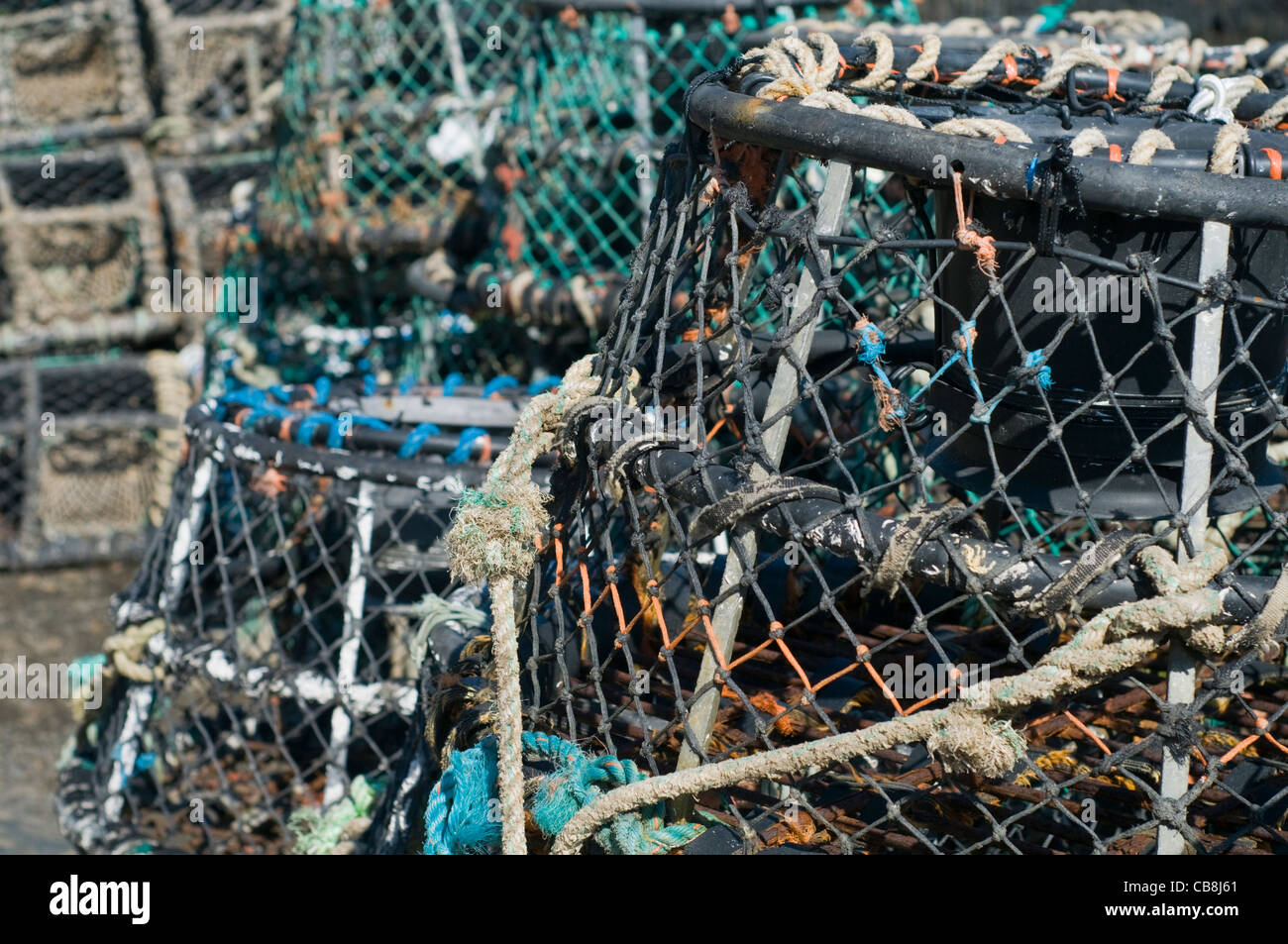 Lobster pots in the harbour at Boscastle in Cornwall, England Stock Photo