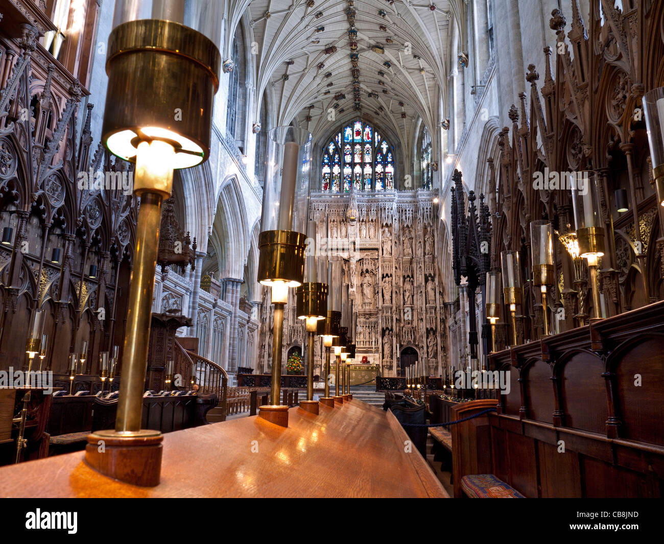 Winchester Cathedral interior choir stalls and renowned historic carved altar Stock Photo
