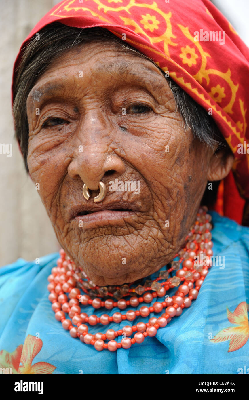 Guna indian old woman at Corbisky island in Guna Yala, Panama. Stock Photo