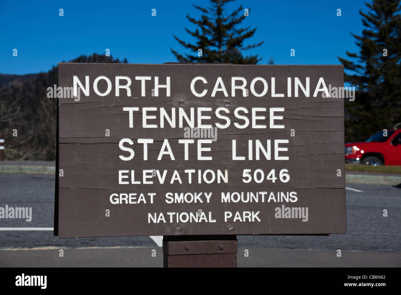 Tennessee North Carolina state line. The sign in Smoky Mountains by