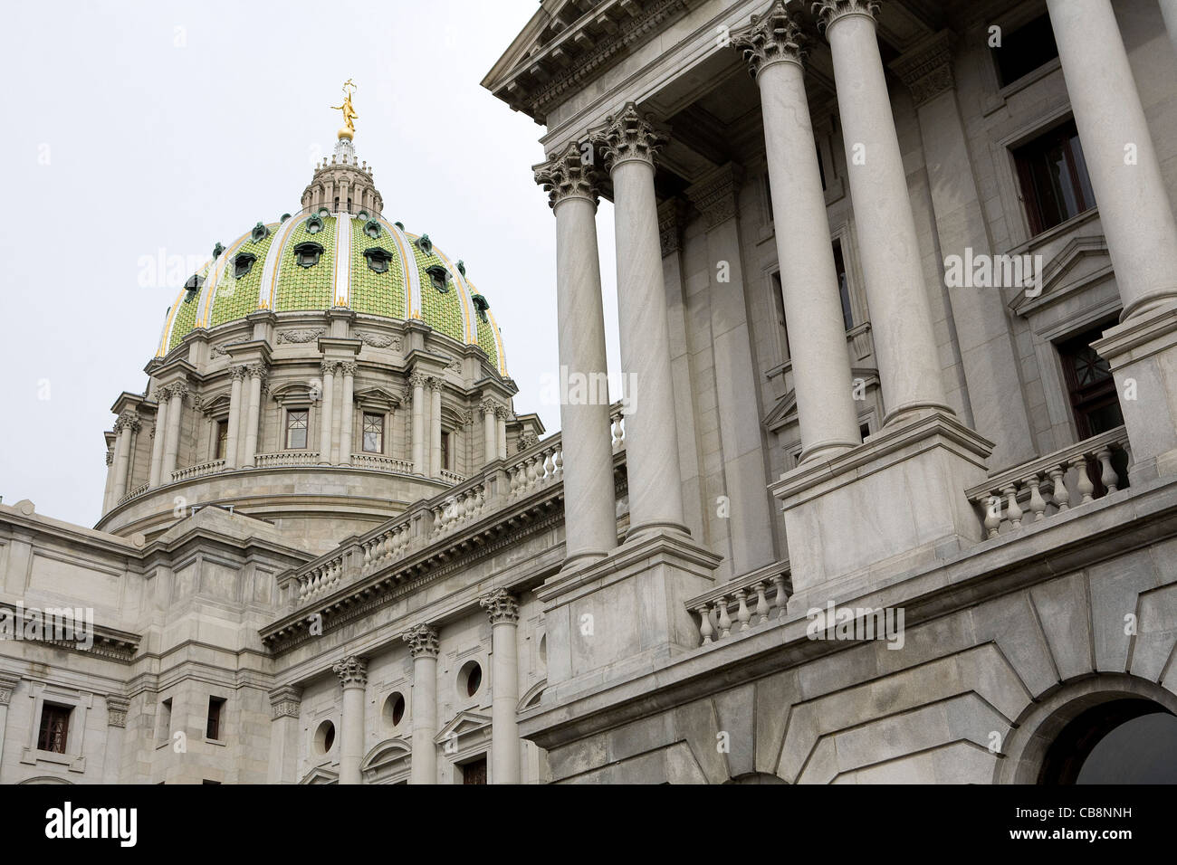 A view of downtown Harrisburg and the Pennsylvania State Capitol building.  Stock Photo