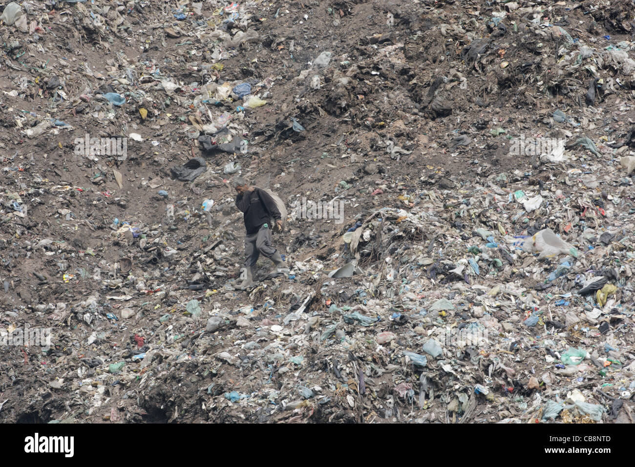 Poor Roma man (Gipsy) collecting garbage from refuse dump near town of Pazardzhik, Bulgaria Stock Photo