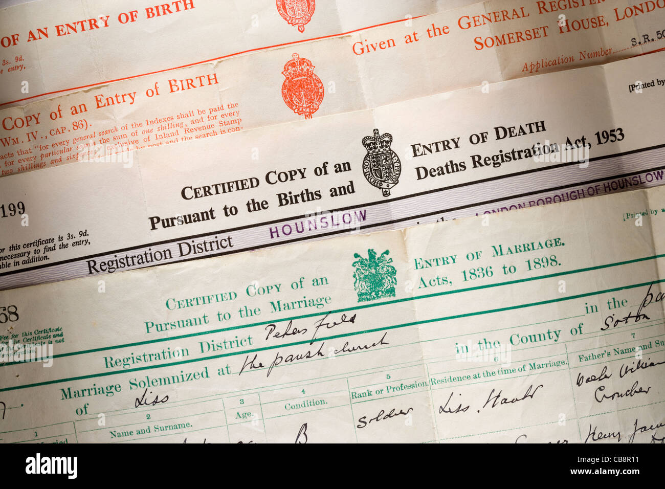 Old birth, death and marriage certificates. UK. Stock Photo