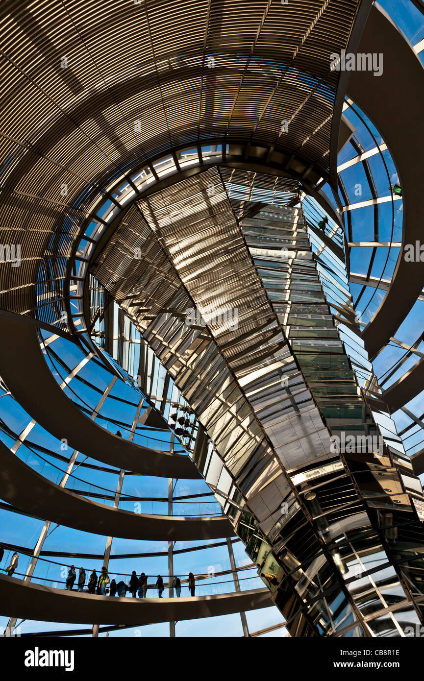 View of the glass dome above debating chamber at the Reichstag in Berlin Germany; Architect Norman Foster Stock Photo