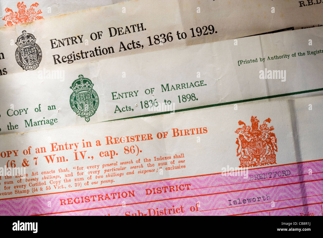 Old birth, death and marriage certificates. UK. Stock Photo