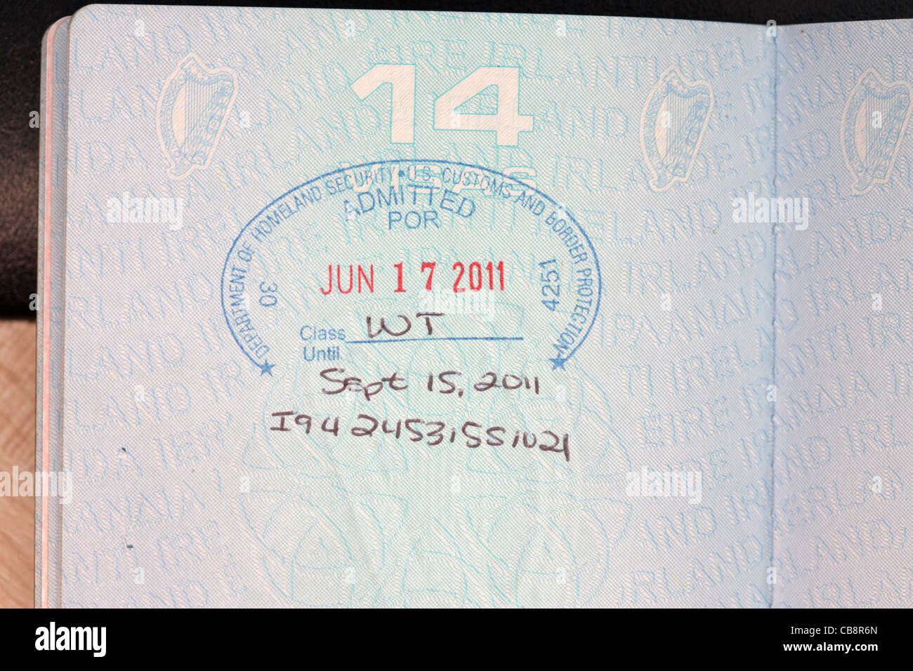 usa visitors passport visa stamp in an eu irish passport Stock Photo
