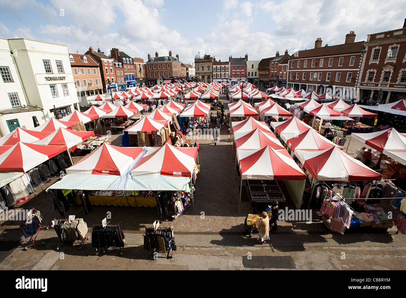 Newark-on-Trent Nottinghamshire Market Square in Summer with People Shopping Stock Photo