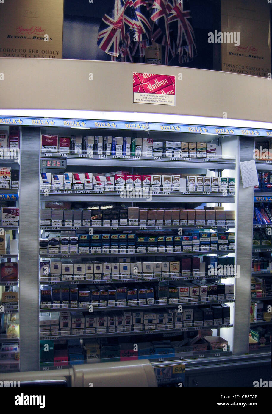 A cigarette display unit in a 2004 shop; such is under government discussion and may soon be