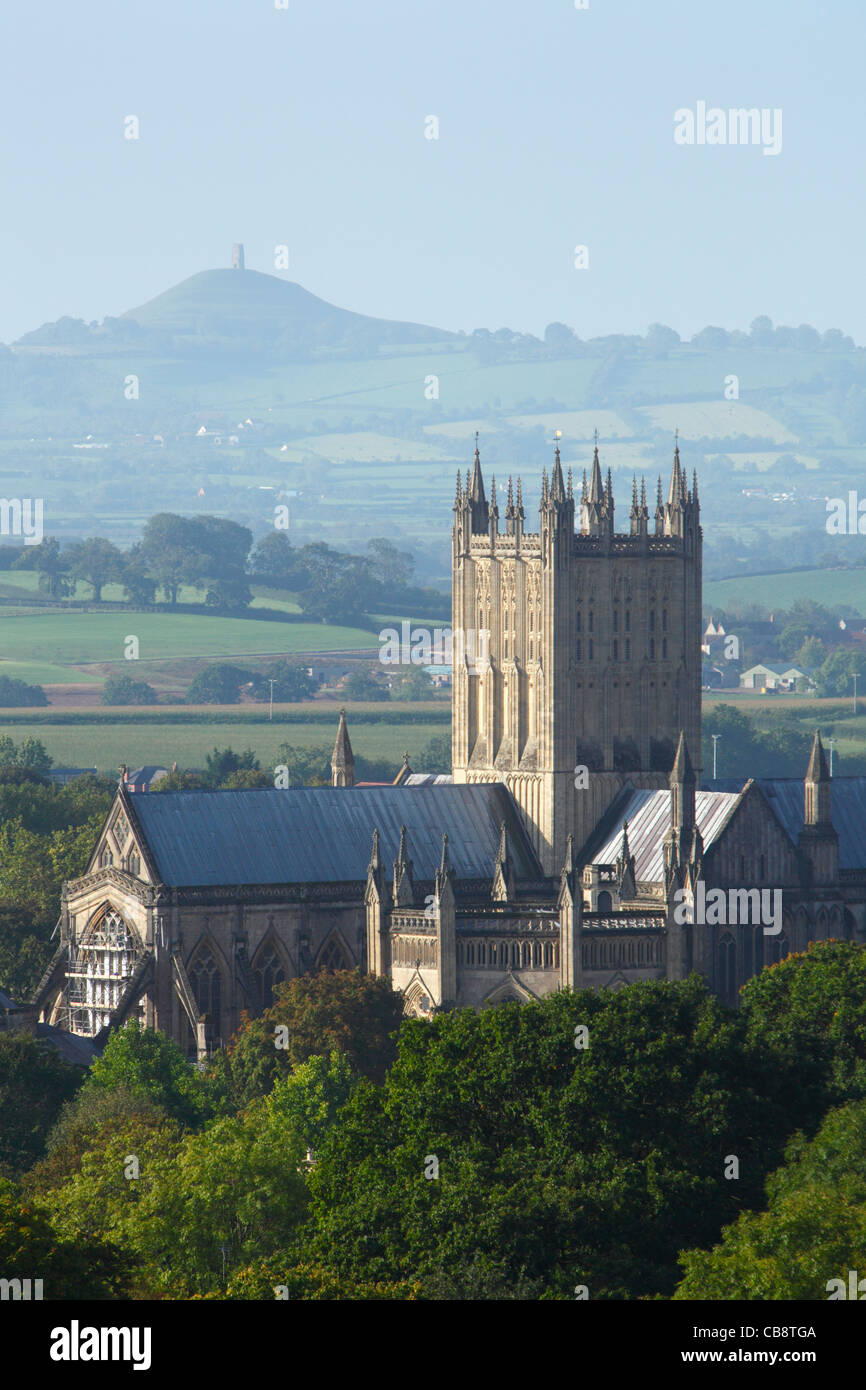 Wells Cathedral with Glastonbury Tor in the distance. Somerset. England. UK. Stock Photo