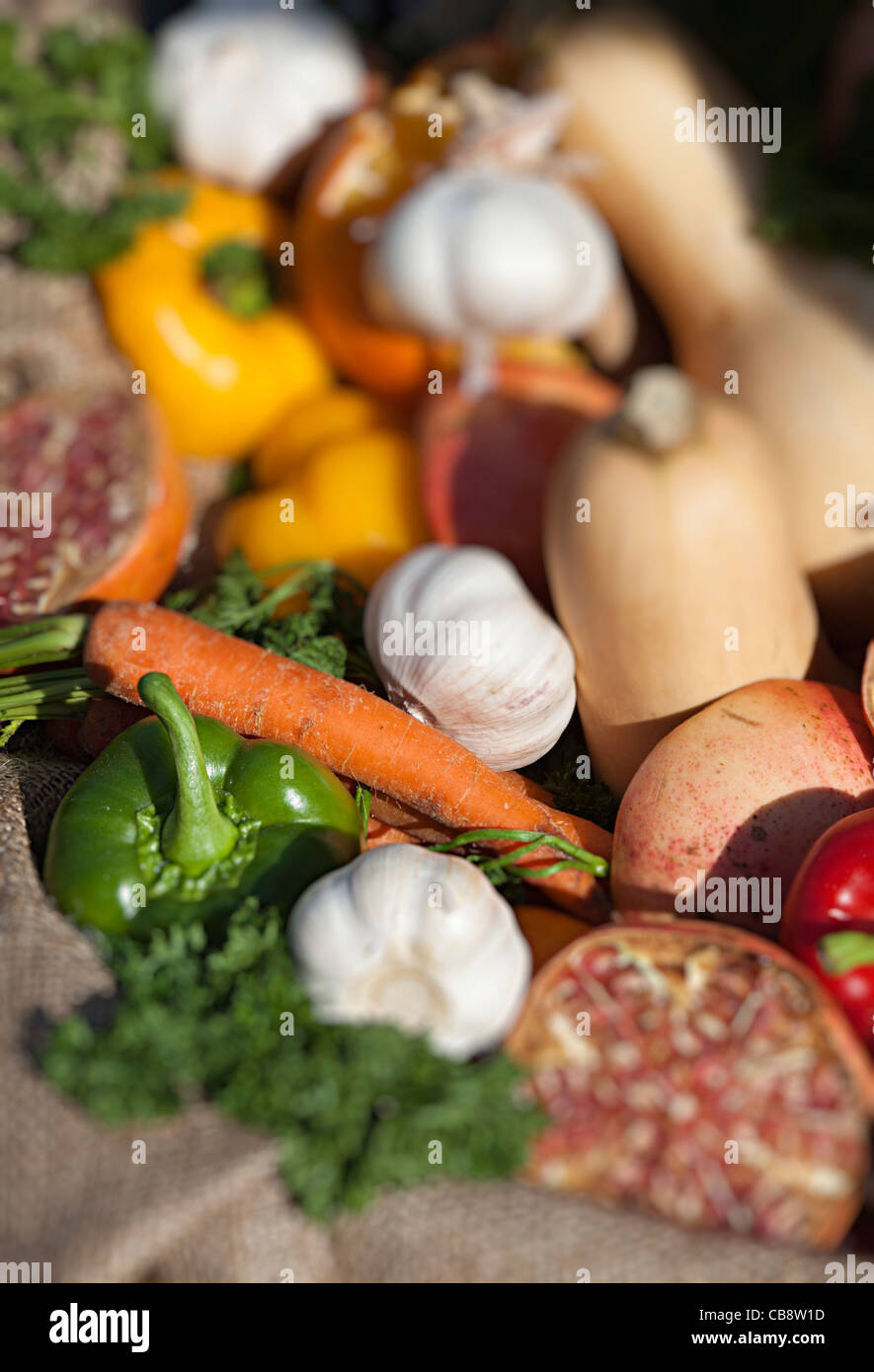 Selection of vegetables in market display Wales UK Stock Photo