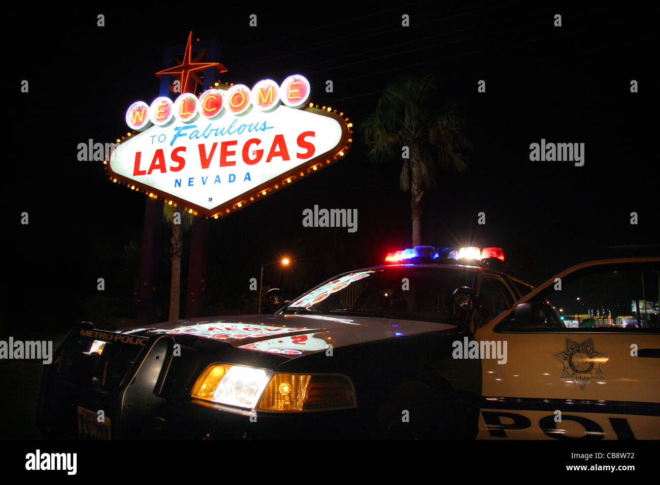 Las Vegas Police car by the famous Welcome to Las Vegas sign. Stock Photo