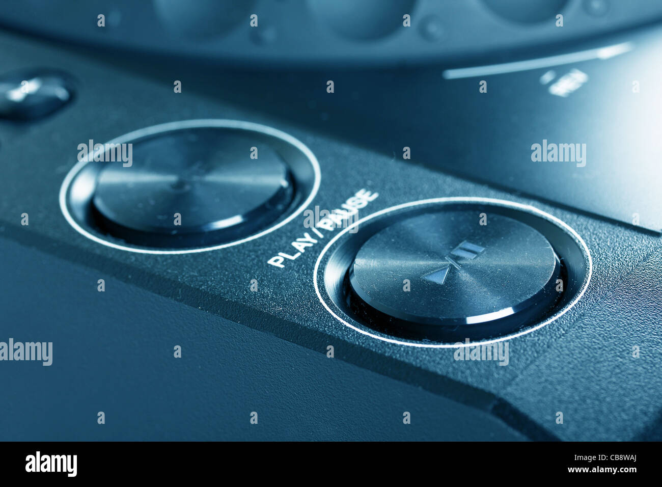 Play and stop buttons on Dj cd player, closeup Stock Photo
