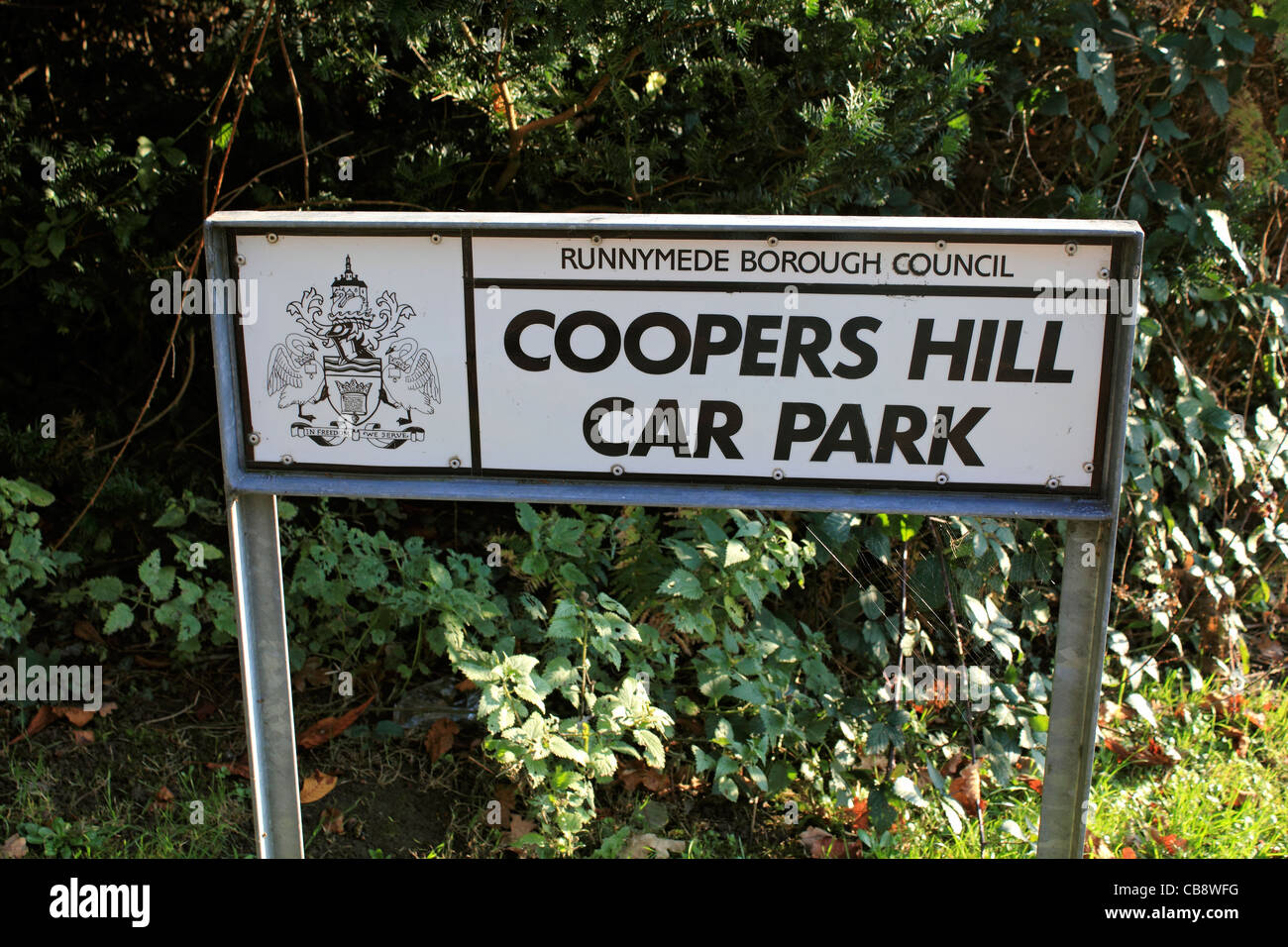 Coopers Hill car park sign near Air Forces Memorial at Runnymede near