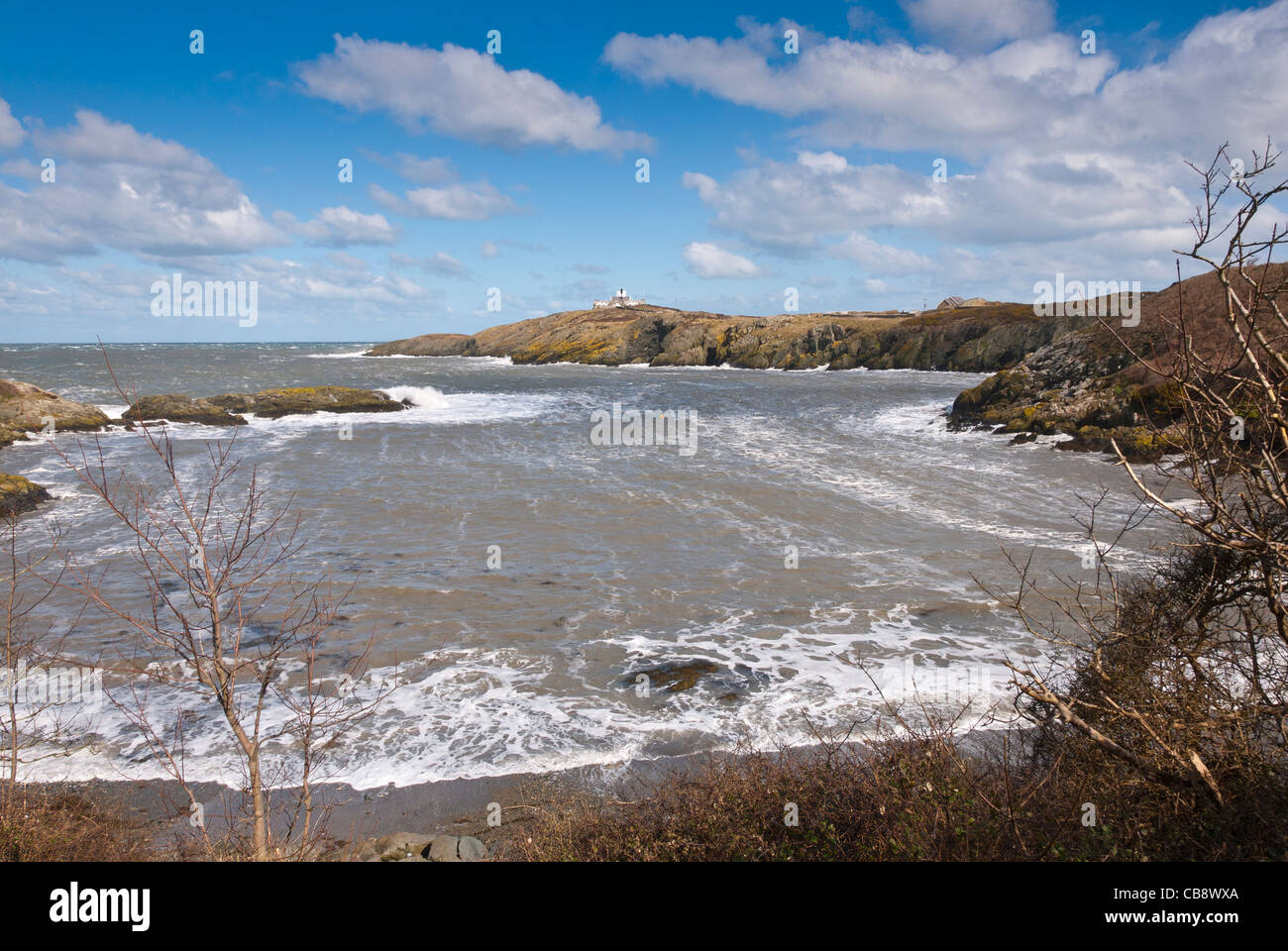 Llaneilian Bay Anglesey North Wales uk with Point lynas lighthouse in the background Stock Photo