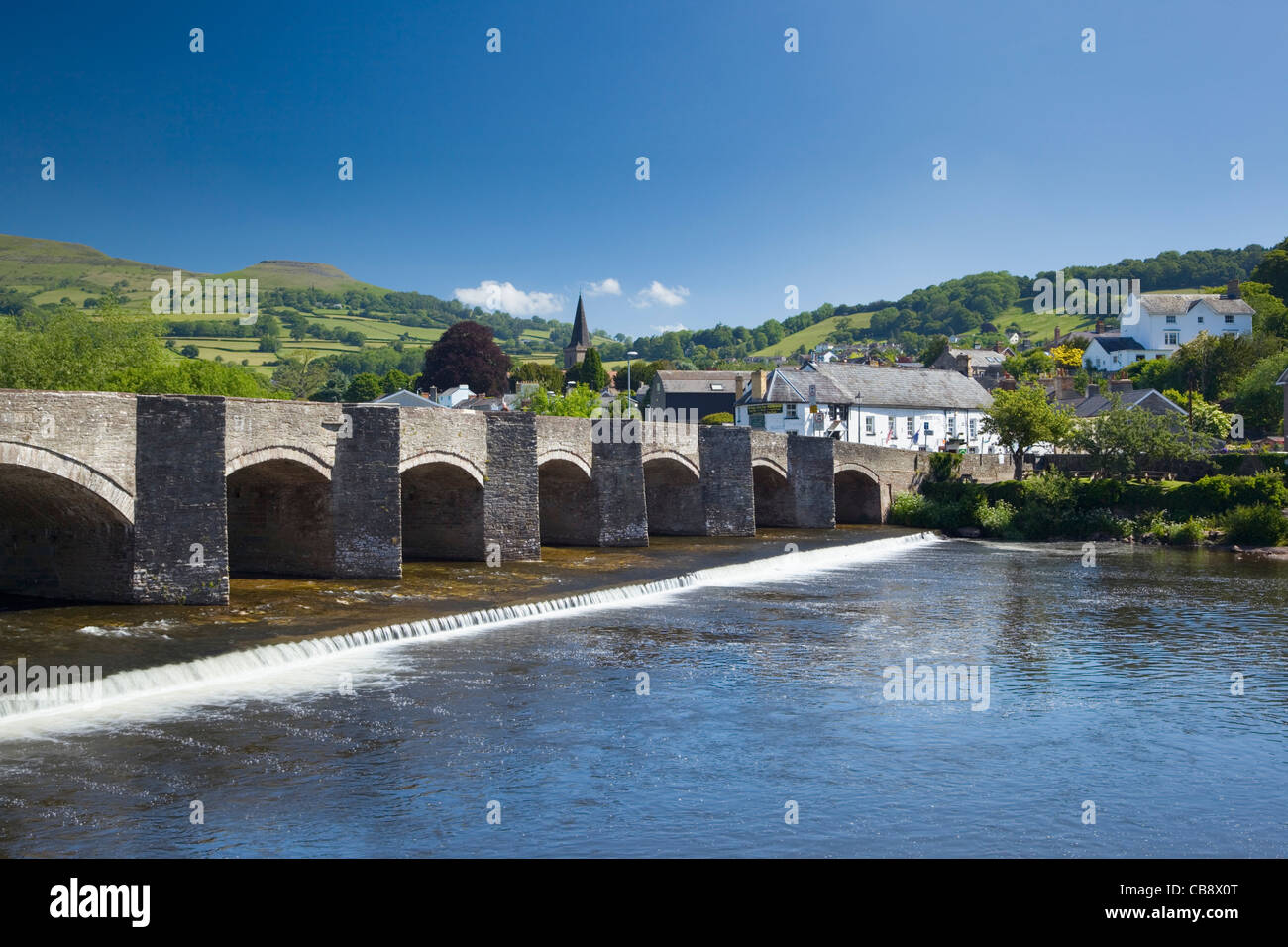 Crickhowell and the River Usk with Table Mountain in the Distance. Brecon Beacons National Park. Powys. Wales. UK. Stock Photo