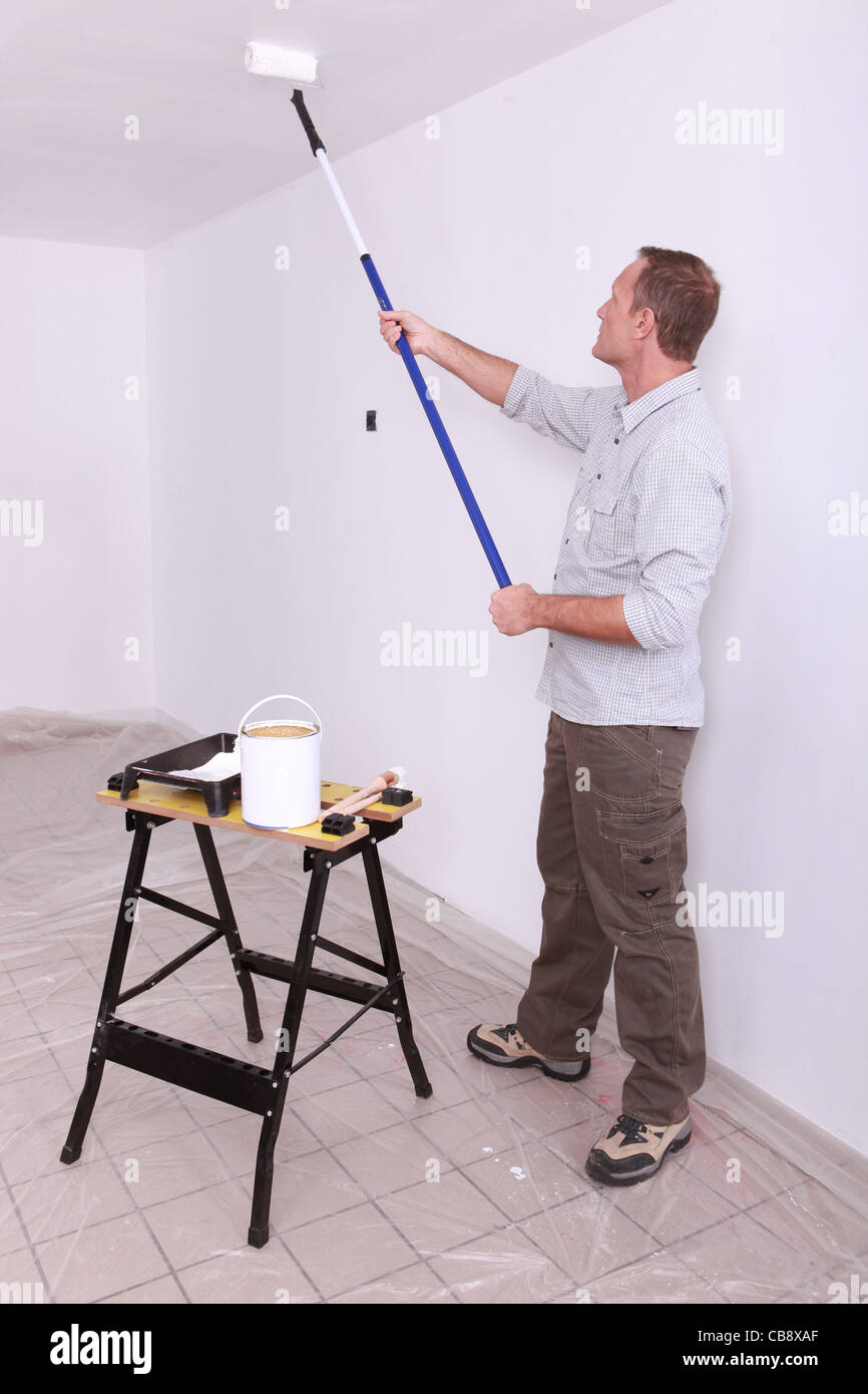 Man Painting Ceiling With Roller Stock Photo 41378247 Alamy