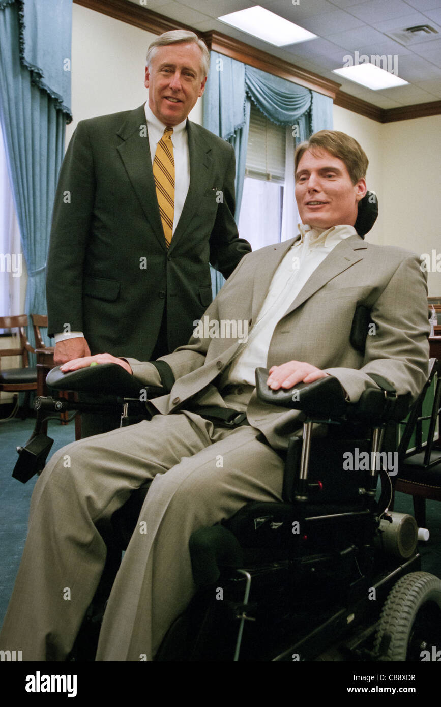 Actor Christopher Reeve with Rep. Steny Hoyer before testifying before a Congressional hearing April 14, 1999 in Washington, DC. Reeve's was paralyzed in a horse riding accident and has become an outspoken advocate for the disabled. Stock Photo