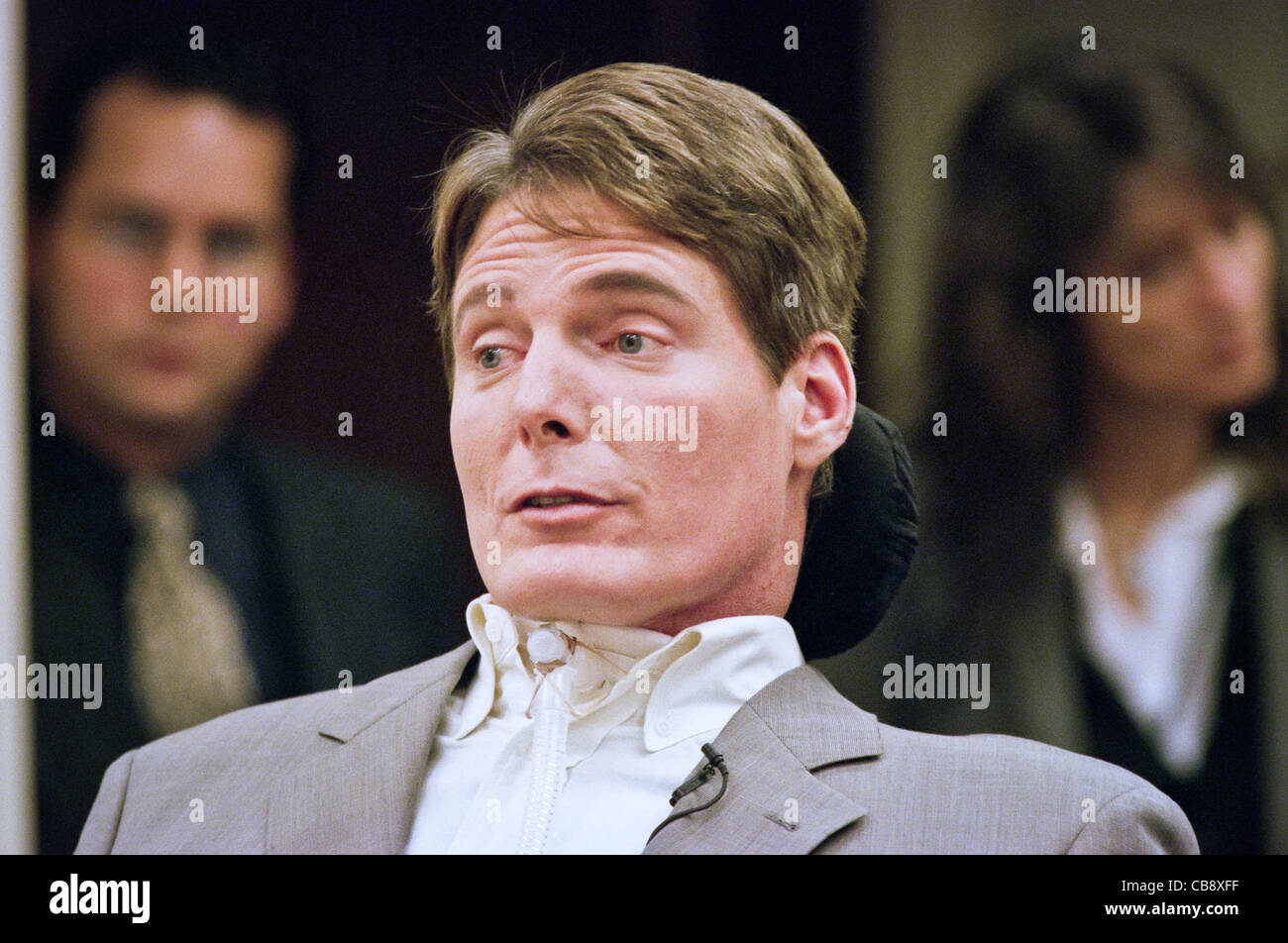 Actor Christopher Reeve makes a statement financial burdens of disable persons to a Congressional hearing April 14, 1999 in Washington, DC. Reeve's was paralyzed in a horse riding accident and has become an outspoken advocate for the disabled. Stock Photo