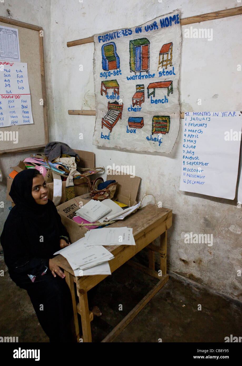 Teacher With Hijab In Classroom, Stonetown Academy Lamu, Kenya Stock Photo