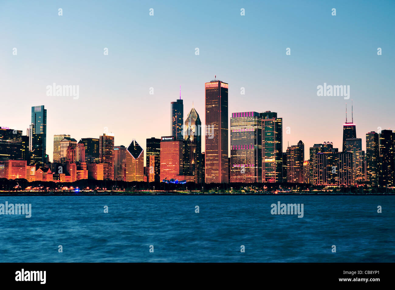 Chicago city downtown urban skyline at dusk with skyscrapers over Lake ...