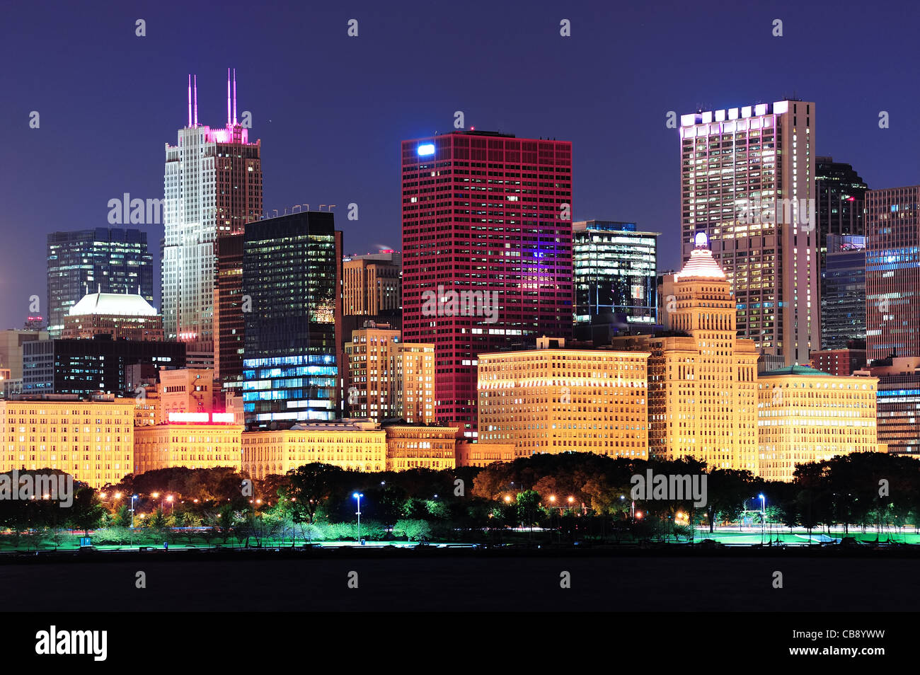 Chicago city downtown urban skyline at dusk with skyscrapers over Lake ...